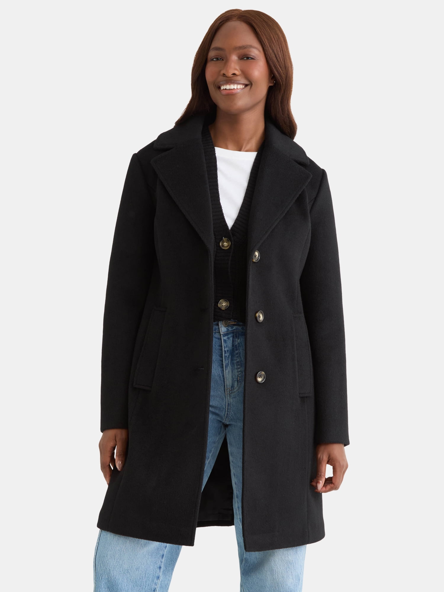 Time and Tru Women's and Women's Plus Faux Wool Boyfriend Coat, Sizes XS-2X