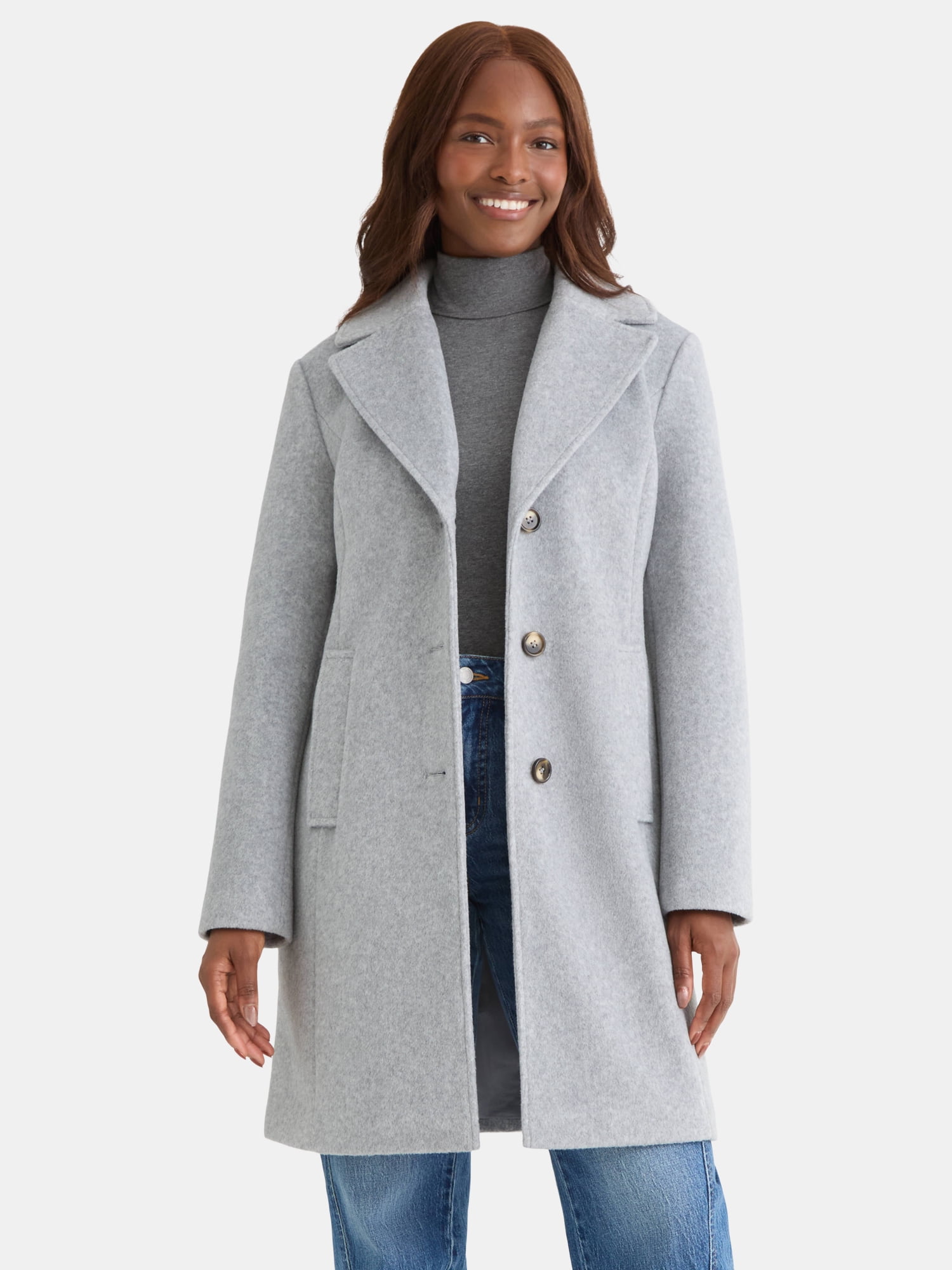 Time and Tru Women's and Women's Plus Faux Wool Boyfriend Coat, Sizes XS-2X