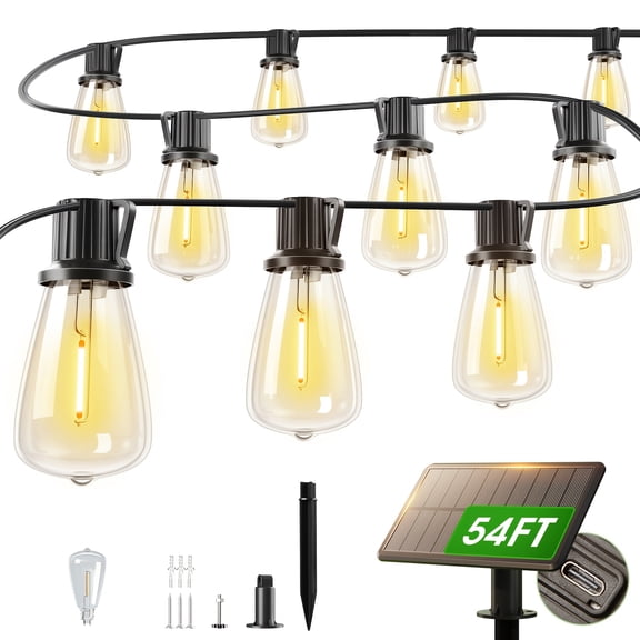 54FT Solar LED String Lights Waterproof - ST38 Shatterproof Edison Bulbs, Remote Control, Dimmable, Dusk to Dawn, 4400mAh Solar Powered Indoor/Outdoor