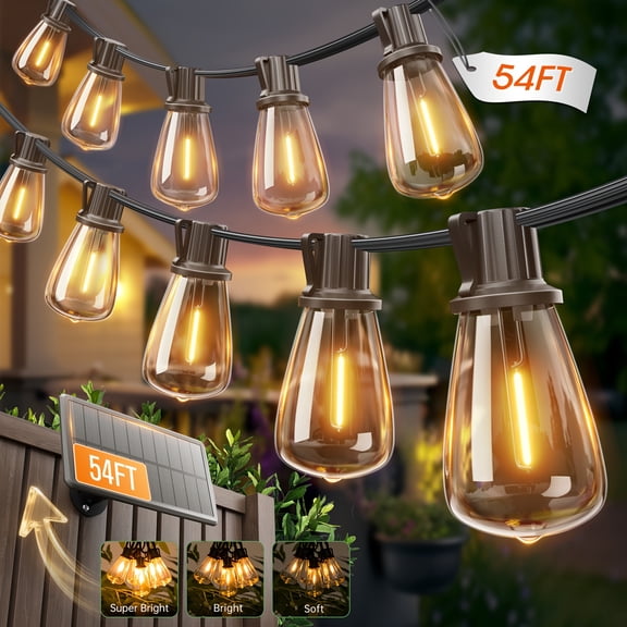 54FT Solar Lights Outdoor IP65 Waterproof, LED String Lights With Shatterproof ST38 Dimmable Globe Bulb, 3 Modes