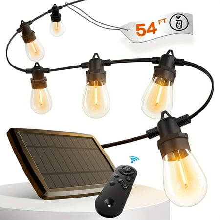 54FT Solar String Lights Outdoor Waterproof with USB Charging & Remote, Dimmable & Timable, Solar Powered Patio Lights with LED Shatterproof Bulbs for Deck Backyard Porch Garden Camping