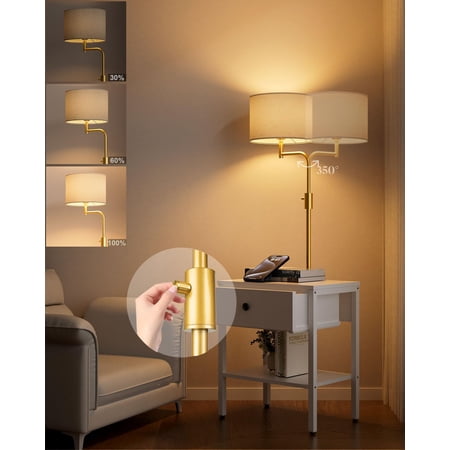 54IN Dimmable (Brightness Adjustable) End Table with Lamp Attached, Floor Lamp with Drawer and Shelf, 3000K E26 Bulb Included, 350° Rotatable Standing Lamps for Living Room-White