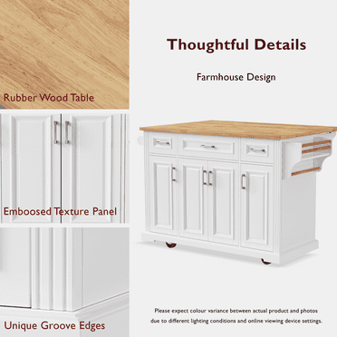 54Inch Large Kitchen Island with Rubber Wood Drop Leaf,Embossed Texture Rolling Kitchen Cart On 4 Wheels with 4 Doors and 3 Drawers,Kitchen Island with Storage for Kitchen,Dining Room,White,White