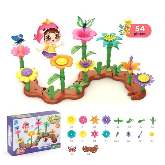54PC Flower Garden Building Set , Gardening Pretend Toys, Educational Activity for Preschool Toddlers Play Set