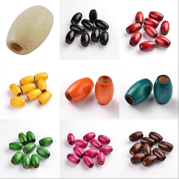 54Pcs 9 Colors Dyed Barrel Wood Beads Lead Free Mixed Color 28~30x20mm Hole: 8.5~10.5mm 54pcs/set