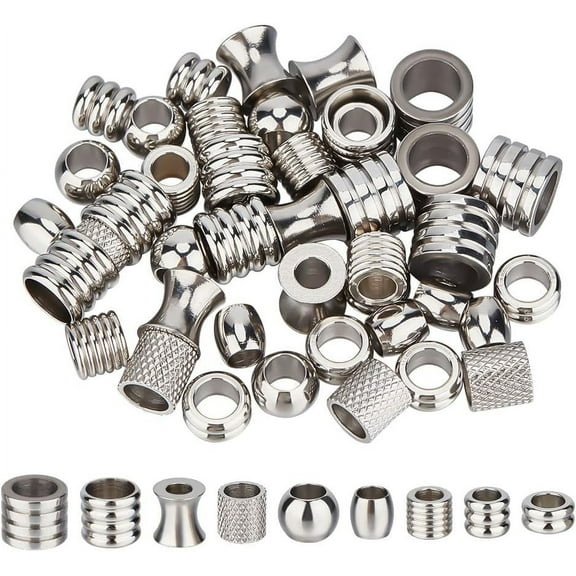 about 54Pcs 9 Style Stainless Steel Large Hole Beads Column Rondelle Hair Beard Beads Metal Braiding Beads Viking Hair Beads Braid Hair Loose Spacer Beads for Men and Women Jewelry Making