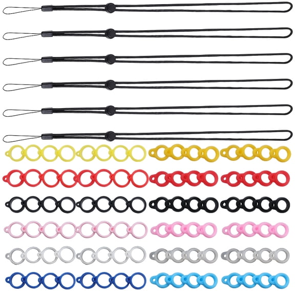54Pcs Anti-Lost Necklace Lanyard Set Including 48Pcs 12 Styles Silicone Rubber Rings with Adjustable Black Rubber Lanyard String Strap