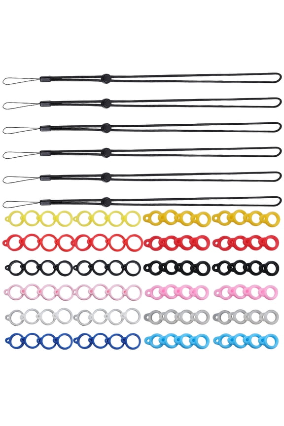 54Pcs Anti-Lost Necklace Lanyard Set Including 48Pcs 12 Styles Silicone Rubber Rings with Adjustable Black Rubber Lanyard String Strap