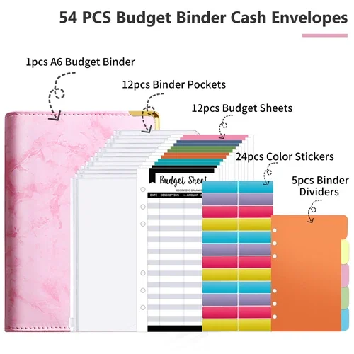 54Pcs Marble Money Budget Planner Binder With Zipper Cash Envelopes Organizer A6