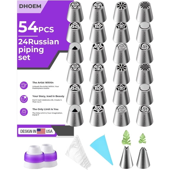 54Pcs Russian Piping Tips Set, 24 Flower Frosting Nozzles Icing Tips, Cake Decorating Kit, 4 Leaf Tips, 4 Couplers, and 20 Disposable Bags for Baking Supplies for Cookie Cupcake