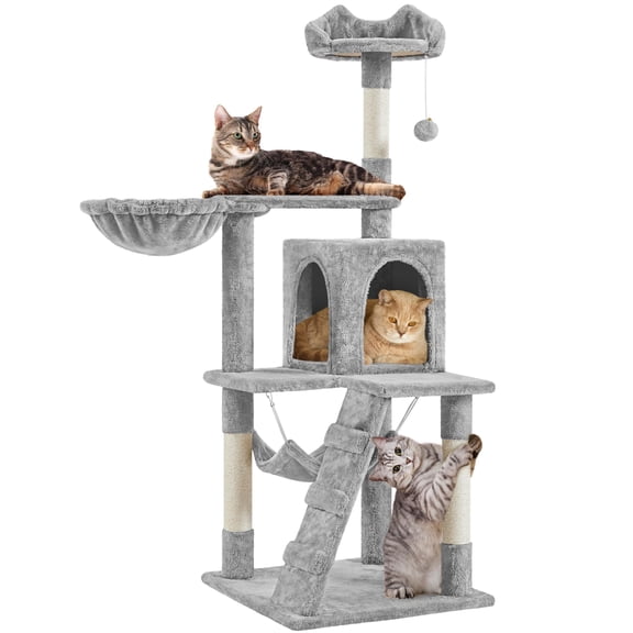 54in Cat Tree for Indoor Kittens to Large Cats, Multi-Level Cat Tower with Spacious Perch, Cozy Condo and Hammock, Interactive Play for Living Room, Light Gray