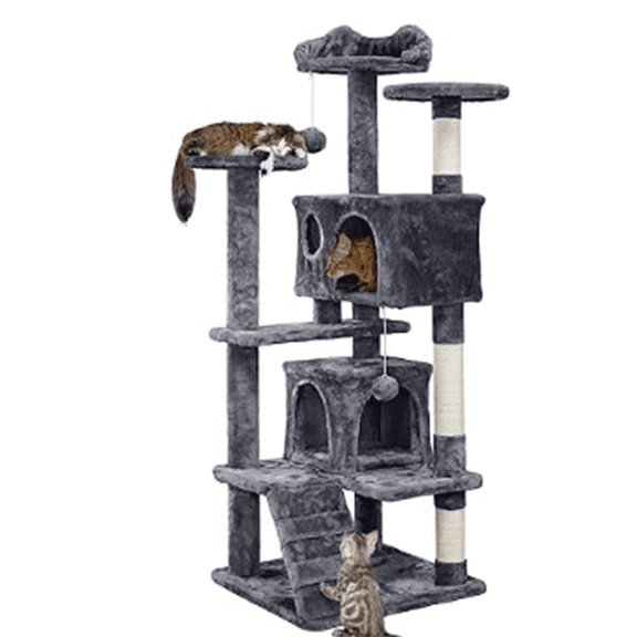 54in Cat Tree, Multi-Level Cat Tower with Spacious Kitten-ear Perch, 2 Cozy Caves, Scratching Posts, Climbing Ladder, 2 Plush Balls, Durable Pet House Furniture for Indoor Kittens, Dark Gray