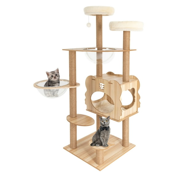 54in Cat Tree Scratching Post Play House Pet Kitty Playhouse Activity Cat Tree Tower W/ Cave for Indoor