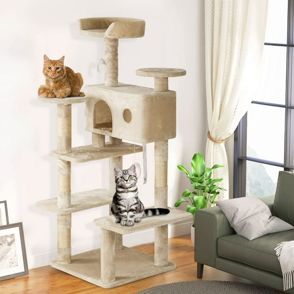 54in Cat Tree with Cat Scratching Post, Cat Tower Multi-Level Cat Condo for Indoor Cats Stand House Furniture Kittens Activity Tower with Funny Toys for Kitty Pet Play House,Beige