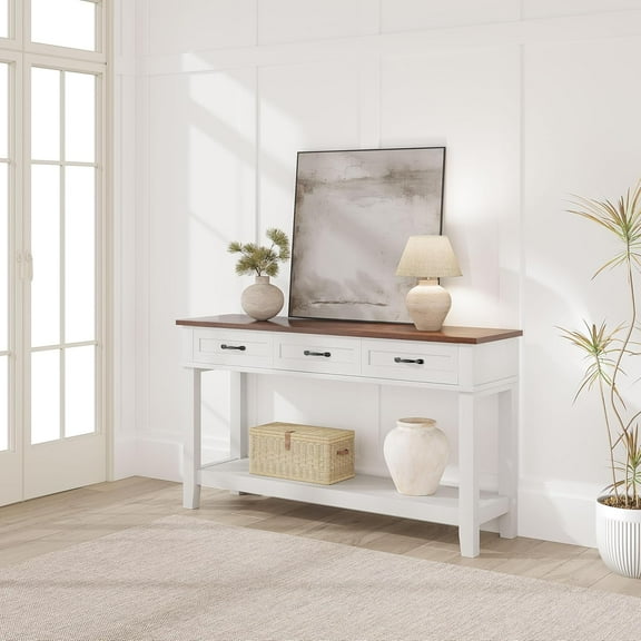 54in Entryway Console Table,3 Drawer Farmhouse Entryway Table , Open Shelf, Behind Couch Entry Foyer Hallway Storage, for Entrance, Living Room,White Brown