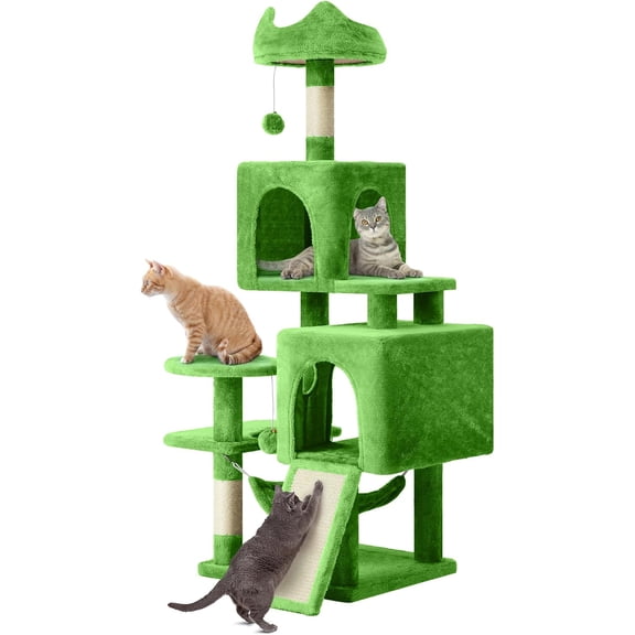 54in Multi-Level  Tree with Sisal Post, Plush Perches, Hammock, Dangling Ball - Perfect Pet Gift, Green