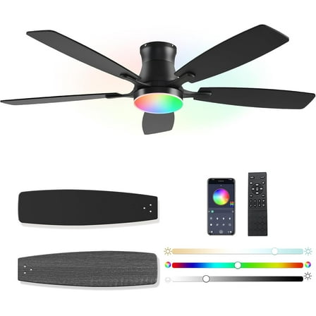 54inch Ceiling fans with Lights, Low Profile RGB Ceiling fan with Light and Remote/App Control, Dimmable, DC Reversible Motor, Noiseless, 6 Speeds, Black Ceiling Fan For Bedroom Indoor Outdoor