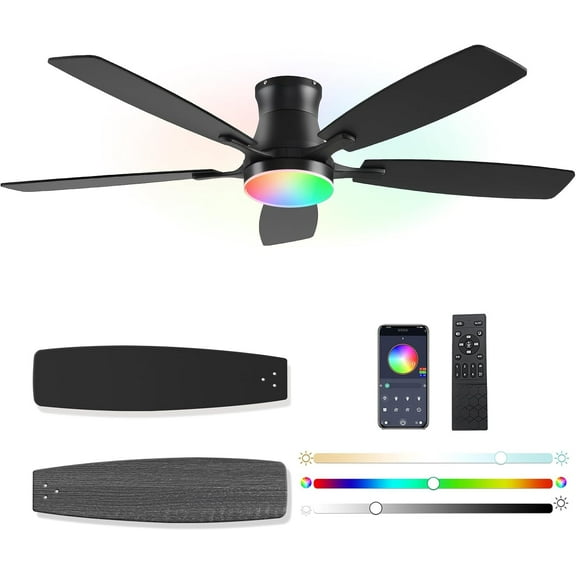 54inch Ceiling fans with Lights, Low Profile RGB Ceiling fan with Light and Remote/App Control, Dimmable, DC Reversible Motor, Noiseless, 6 Speeds, Black Ceiling Fan For Bedroom Indoor Outdoor
