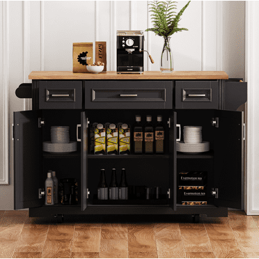54inch Large Kitchen Island with Rubber Wood Drop Leaf, Embossed Texture Rolling Kitchen Cart on 4 Wheels with 4 Doors and 3 Drawers, Kitchen Island for Kitchen, Dining Room, Black