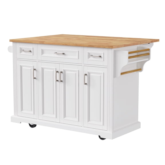 54inch Large Kitchen Island with Rubber Wood Drop Leaf, Embossed Texture Rolling Kitchen Cart on 4 Wheels with 4 Doors and 3 Drawers, Kitchen Island with Storage for Kitchen, Dining Room,White