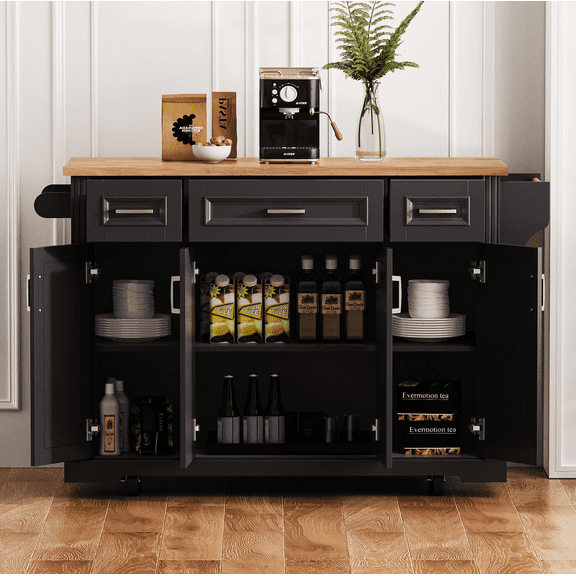 54inch Large Kitchen Island with Rubber Wood Drop Leaf, Embossed Texture Rolling Kitchen Cart on 4 Wheels with 4 Doors and 3 Drawers, Kitchen Island with Storage for Kitchen, Dining Room,Black