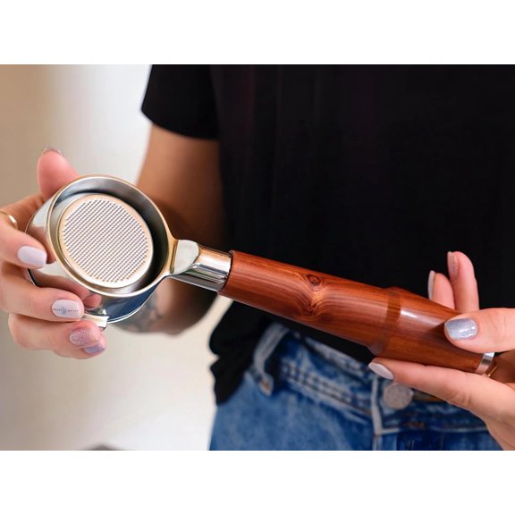 54mm Bottomless Portafilter with Rosewood Handle & Filter Basket for  Espresso Machines