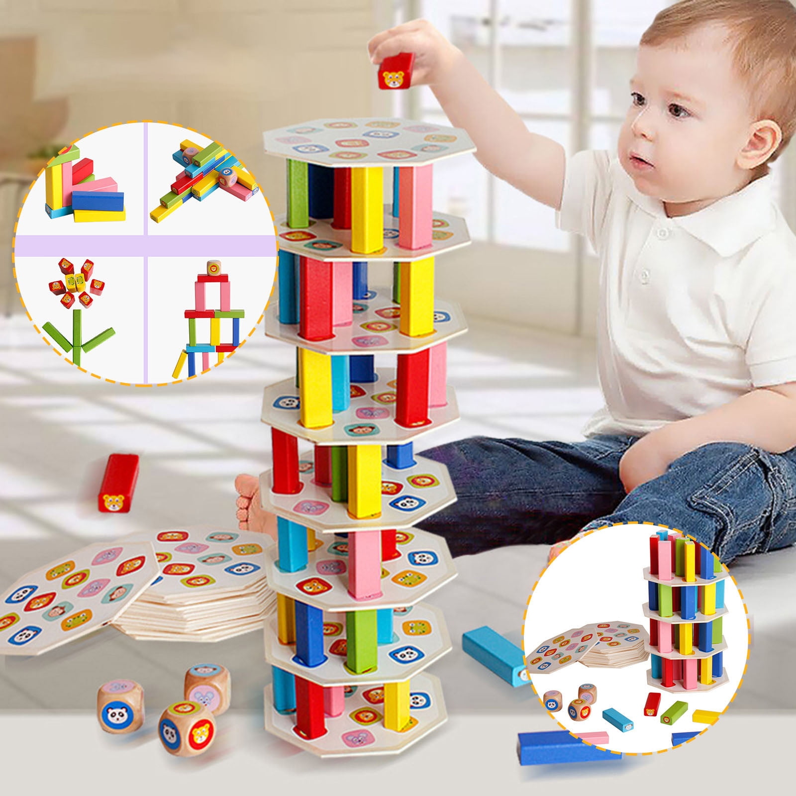 54pc Wooden Stacking Tower Game - Board Game Set w/ 18 Boards & 3 Dice ...