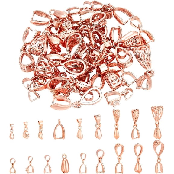 54pcs Brass Pick Pinch Bails 9 Styles Necklace Clap Hooks Bails Charms Tibetan Ice Pick Clip Pendant Bails Jewelry Pinch Clasp Bails Pendant Clasp for Earring Necklaces Making Rose Gold
