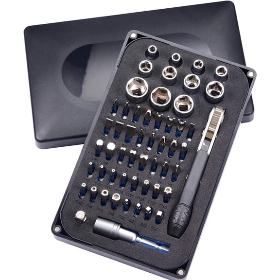 54pcs Mini Ratchet Screwdriver Set with 1/4" S2 Steel Bits, 90 Degree Right Angle Reversible Wrench 36-Tooth, 1/4" Drive Socket, Socket Adapter, Extension Bit Holder, Magnetic Bit Holder