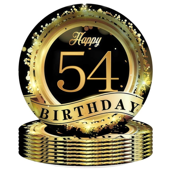 54th Black Gold Glitter Theme Plates Birthday Decorations Party Supplies Tableware Disposable Dinnerware 8pcs