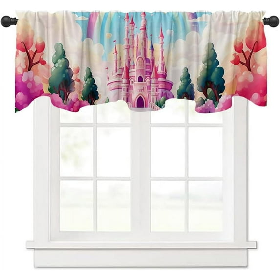 54x18 Inches Colorful Princess Castle Window Valance Watercolor Pastel Royal Castle Plant Big Tree Flower Fantasy Fairy Tale Birthday Party Supplies Window Decoration