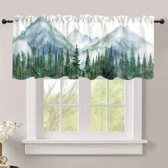 54x18 Inches Green Misty Forest Window Treatment Valance Tree Mountain Kitchen Blackout Drapes Bathroom Bedroom Living Room Polyester Fabric Curtains Decorations Supplies