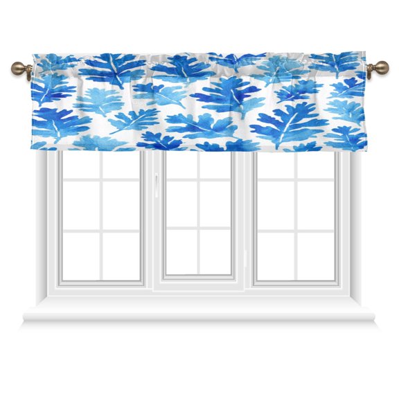 54x18 Inches Valance Curtain Blue Oak Leaf Pattern Window Curtains Rod Pocket Design for Kitchen Living Room Bedroom