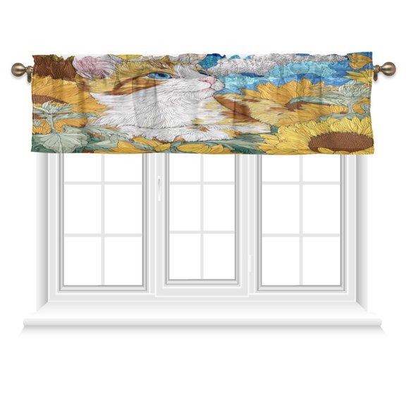 54x18 Inches Valance Curtain Cat Lies in The Sunflowers Window Curtains Rod Pocket Design for Kitchen Living Room Bedroom