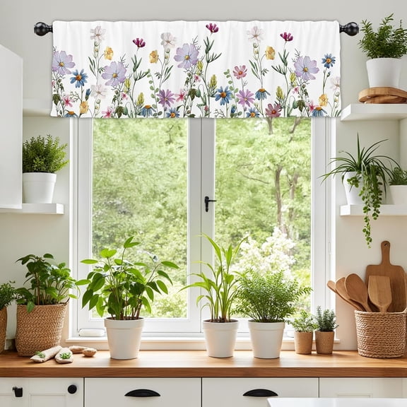 54x18Inch Spring Wildflowers Window Treatment Valance Watercolor Floral Butterfly Plants Leaves Short Topper Curtains Kitchen Bedroom Living Room Farmhouse Rod Pocket Drapes Panels