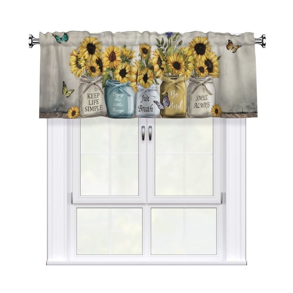 54x18in Rustic Pastoral Valance Curtain, Butterfly Sunflower with Inspirational Quotes, Vintage Country Style for Kitchen Living Room Bedroom Bathroom