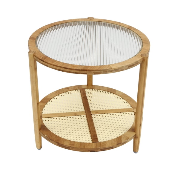 54x50CM Round Coffee Table Modern Round Double-Layer Bamboo Table Mid Century Vintage Engineered Wood Table with Glass Tabletop Table with Storage for Small Space, Cafe