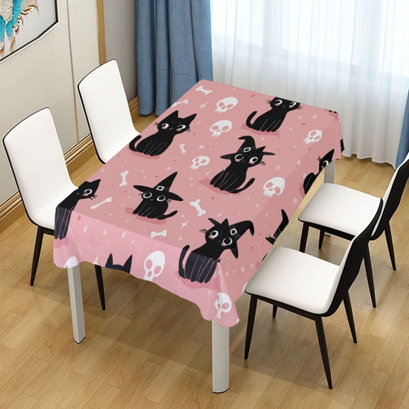 54x54 Inch Tablecloth Polyester Square Tablecloth for Home Kitchen Dinner Decor Black Cat Wearing A Witch Hat