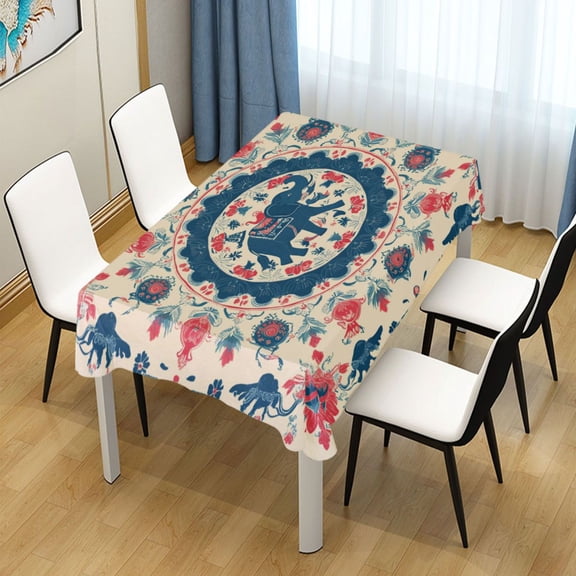 54x54 Inch Tablecloth Polyester Square Tablecloth for Home Kitchen Dinner Decor Blue and Red Tibetan Pattern