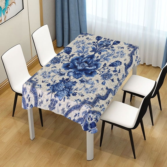 54x54 Inch Tablecloth Polyester Square Tablecloth for Home Kitchen Dinner Decor Blue and White Porcelain-style
