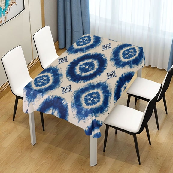 54x54 Inch Tablecloth Polyester Square Tablecloth for Home Kitchen Dinner Decor Intricate Blue and White Tie-dye