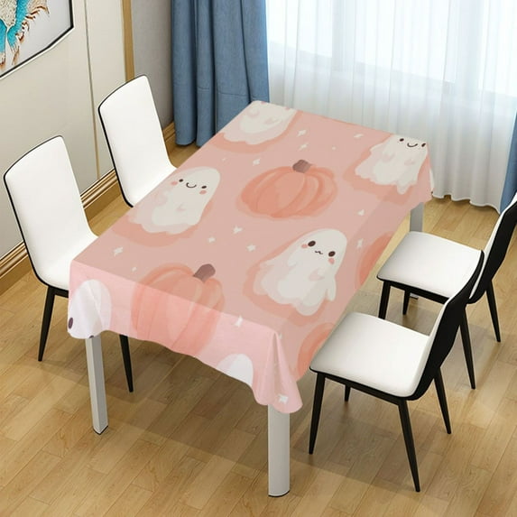 54x54 Inch Tablecloth Polyester Square Tablecloth for Home Kitchen Dinner Decor Light Pink Ghosts and Pumpkins