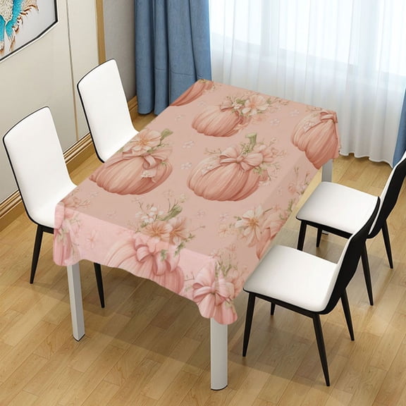54x54 Inch Tablecloth Polyester Square Tablecloth for Home Kitchen Dinner Decor Pastel Pink Pumpkins and Flowers
