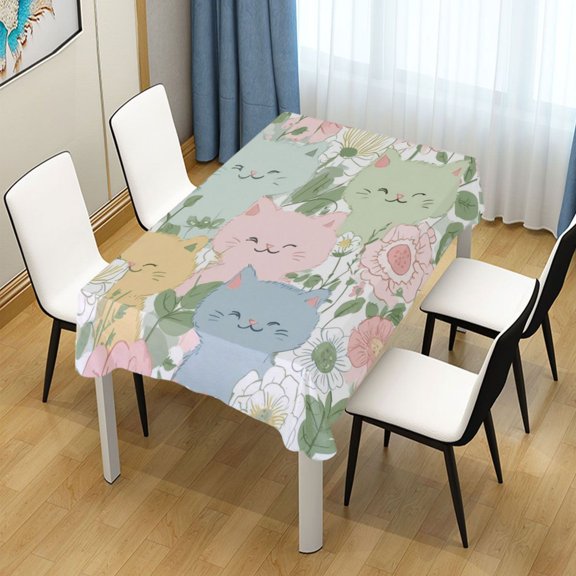 54x54 Inch Tablecloth Polyester Square Tablecloth for Home Kitchen Dinner Decor Pastel-colored Cats and Flowers