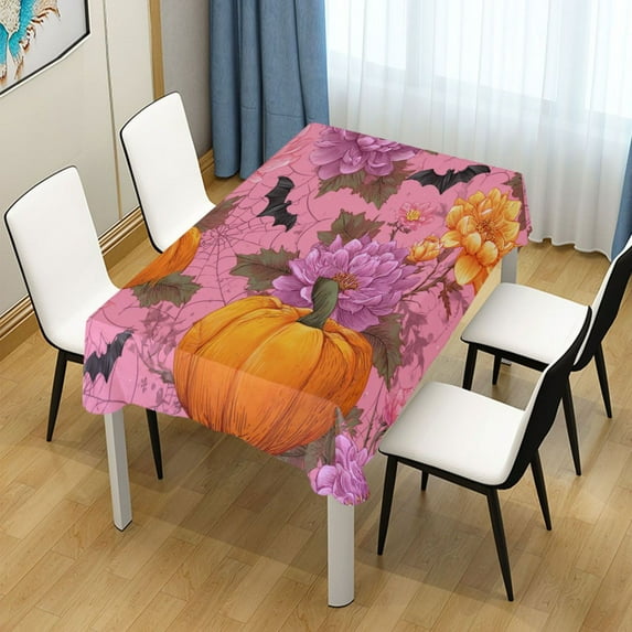 54x54 Inch Tablecloth Polyester Square Tablecloth for Home Kitchen Dinner Decor Pink Flowers and Pumpkins
