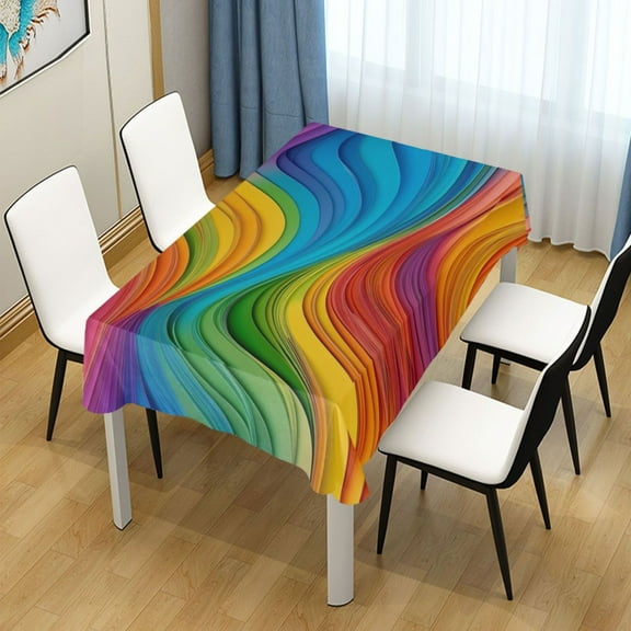 54x54 Inch Tablecloth Polyester Square Tablecloth for Home Kitchen Dinner Decor Rainbow Wavy Lines