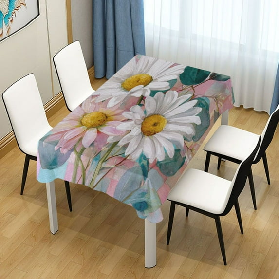 54x54 Inch Tablecloth Polyester Square Tablecloth for Home Kitchen Dinner Decor Three Large White Daisies