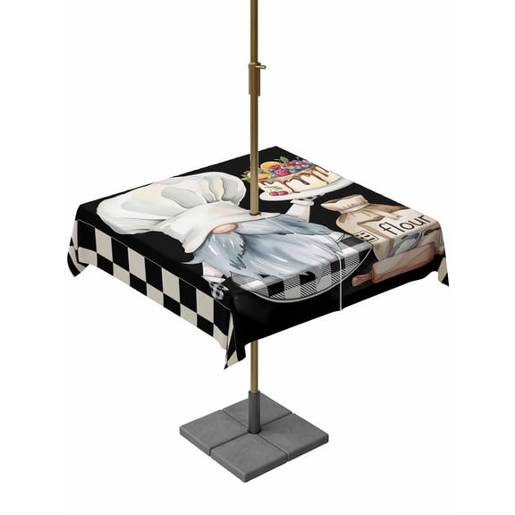 54x54 Square Tablecloth, Chef Gnomes Outdoor Tablecloth with Umbrella Hole and Zipper, Black White Plaid Dessert Maker Cake Table Cloth, Waterproof Patio Table Covers for Party, Pool