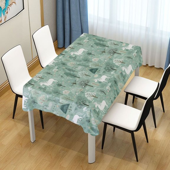 54x54in Square Printed Tablecloth Easy-Care Decorative Table Cloth for Kitchen Dining Parties Mint Green Unicorns and Trees