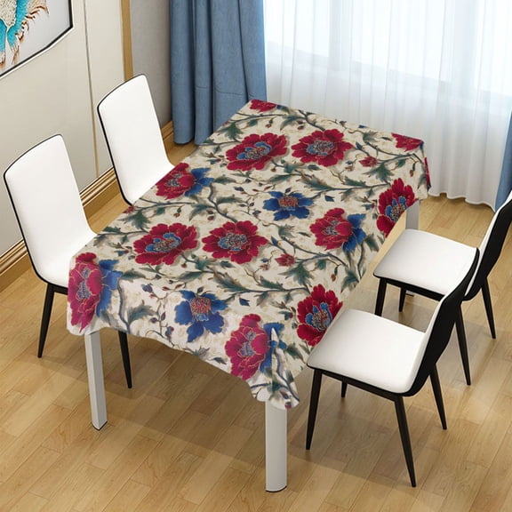 54x54in Square Printed Tablecloth Easy-Care Decorative Table Cloth for Kitchen Dining Parties Red and Indigo Blue Flowers